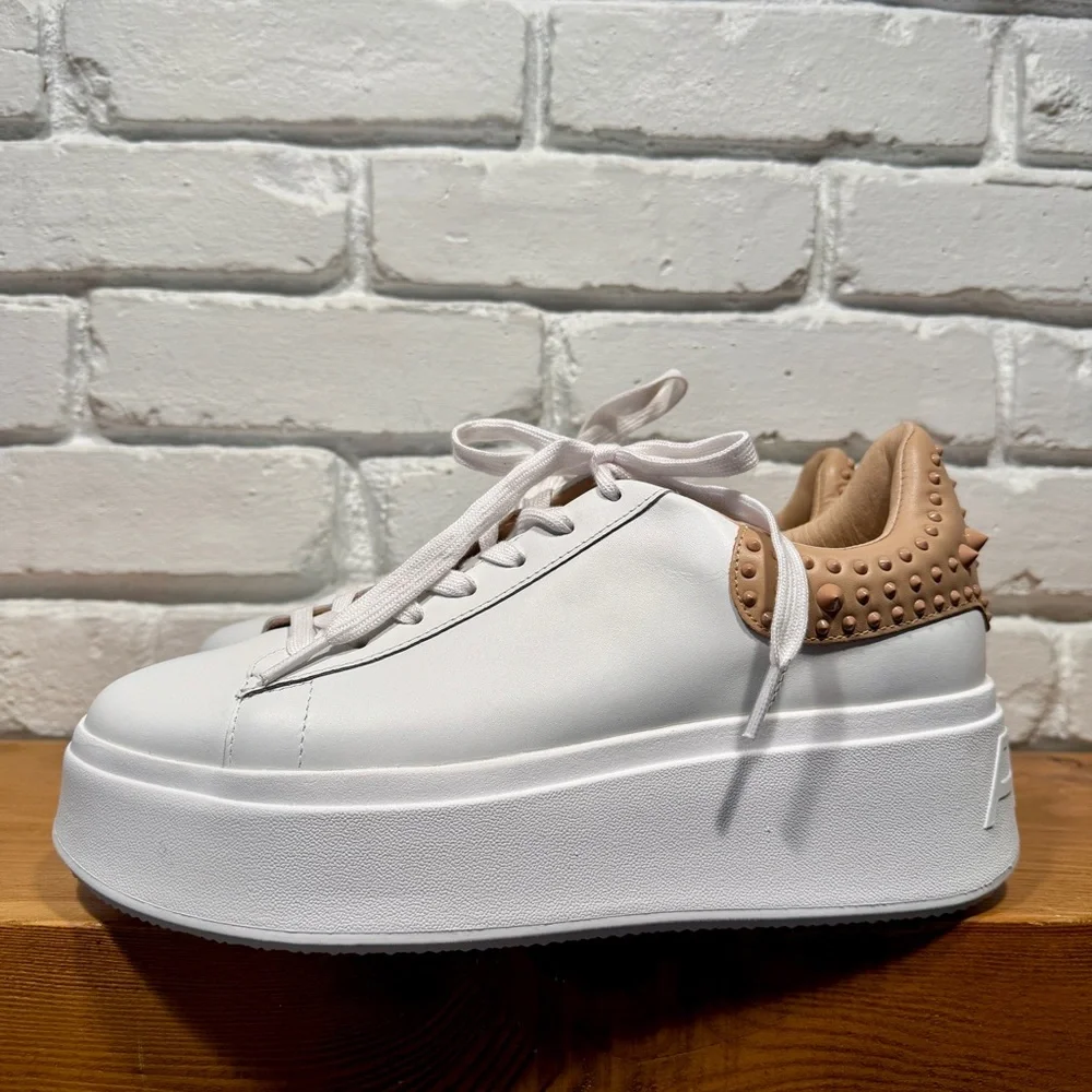 ASH Platform Sneakers White Leather NUDE Studded Heel Size 40 Luxury Chunky NIB - Picture 13 of 15